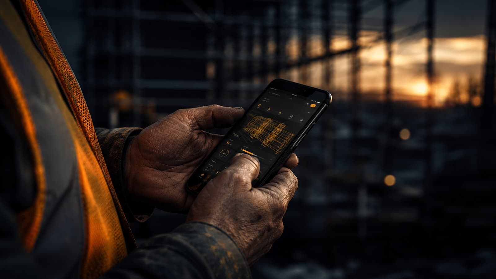 Raue Handwerkerhände bedienen auf der Baustelle ein Smartphone mit dunkler App und Amber-Akzenten.
