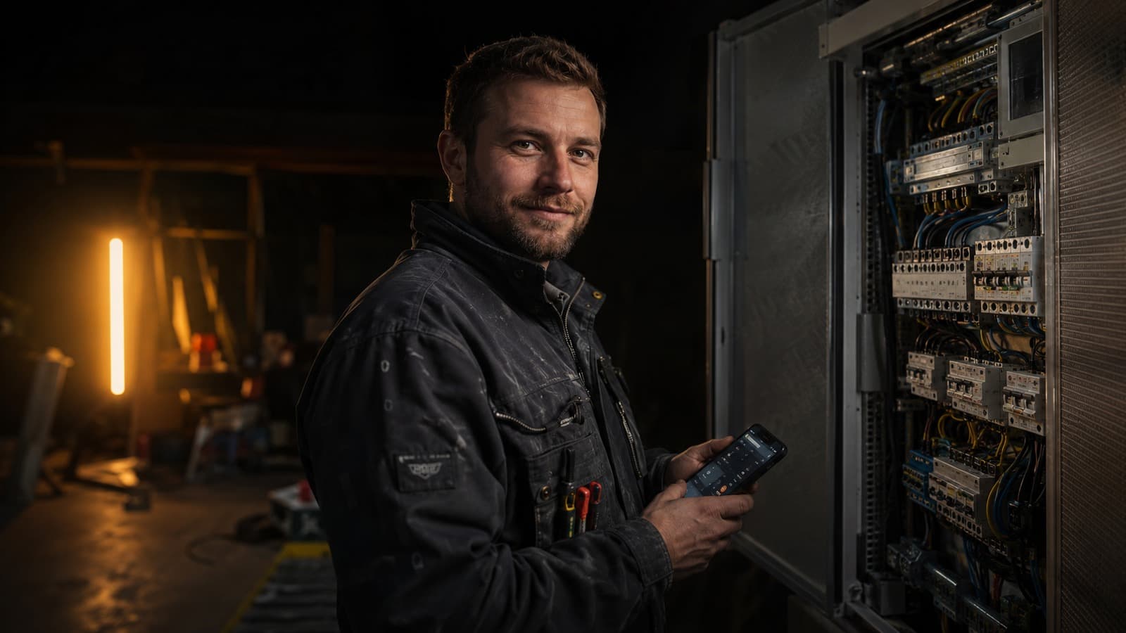 Elektriker an offenem Schaltschrank mit Smartphone und dunkler Handwerker-App.