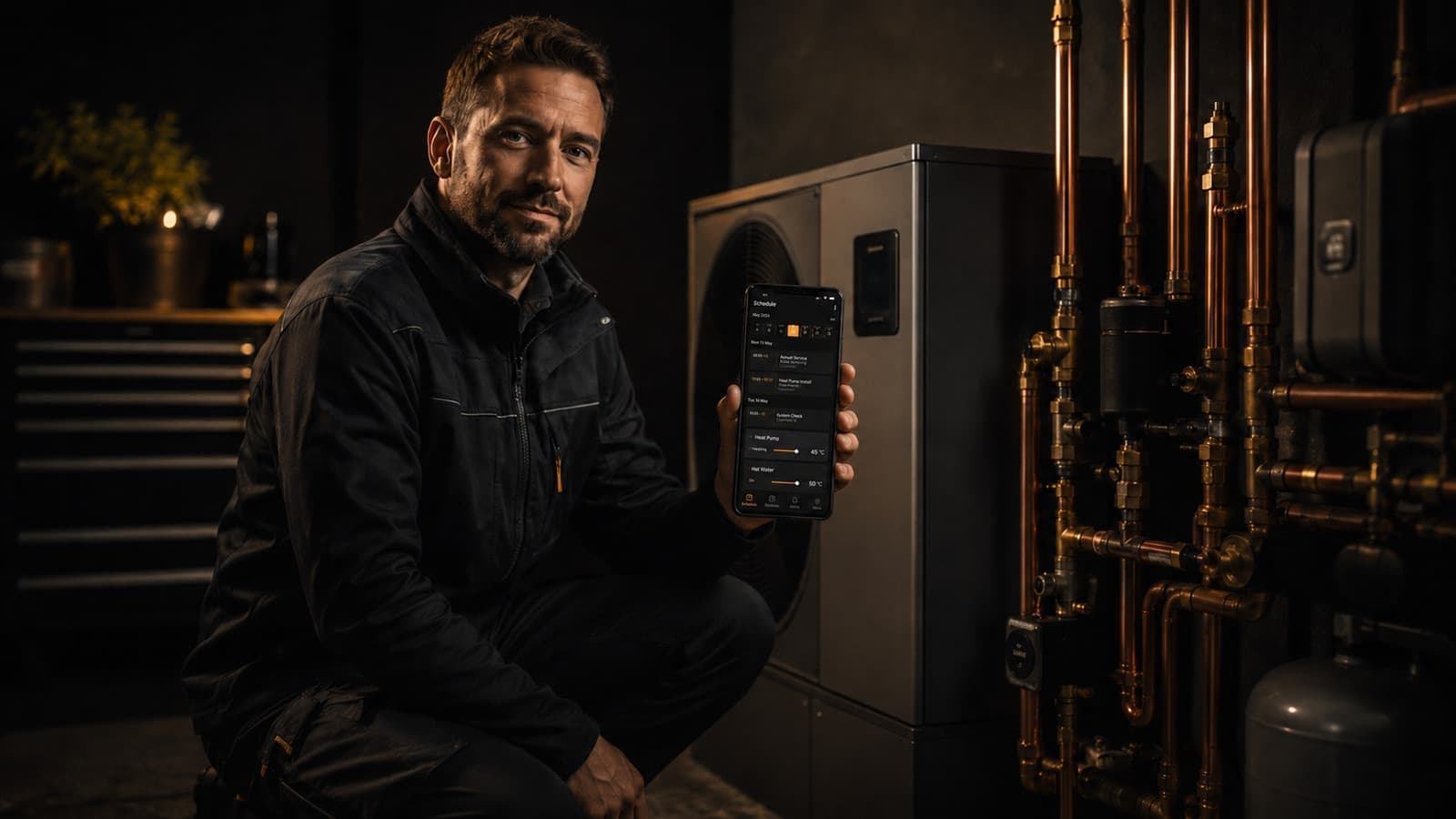 SHK-Techniker neben Wärmepumpe und Kupferrohren zeigt eine klare dunkle Terminplan-App auf dem Smartphone.