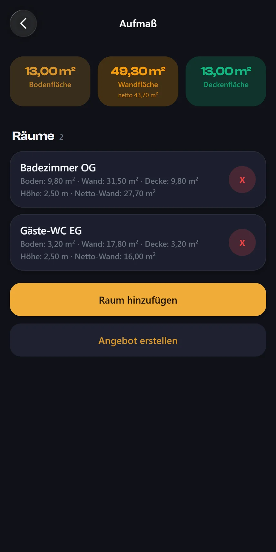 Aufmaß in der CraftOS-App: Boden-, Wand- und Deckenflächen zweier Räume mit Abzügen, daraus direkt ein Angebot erstellen.
