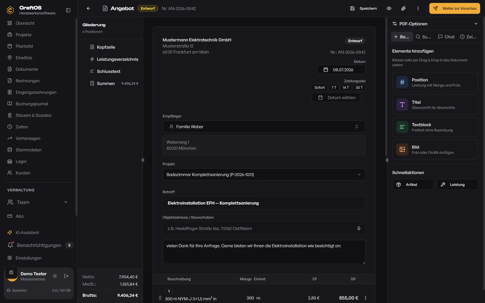 CraftOS-Angebotseditor mit Elektro-Positionen wie NYM-J-Leitung und Wallbox, Kalkulationssummen und PDF-Bausteinen.