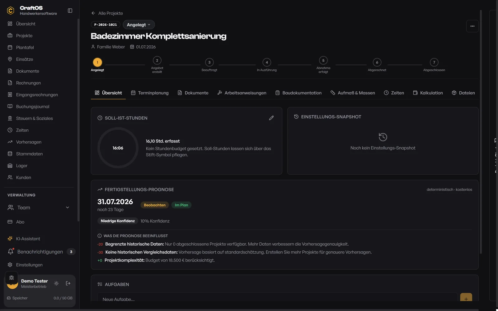 Digitale Projektakte in CraftOS: Projektstatus, Soll-Ist-Stunden, Fertigstellungs-Prognose und Aufgaben auf einen Blick.