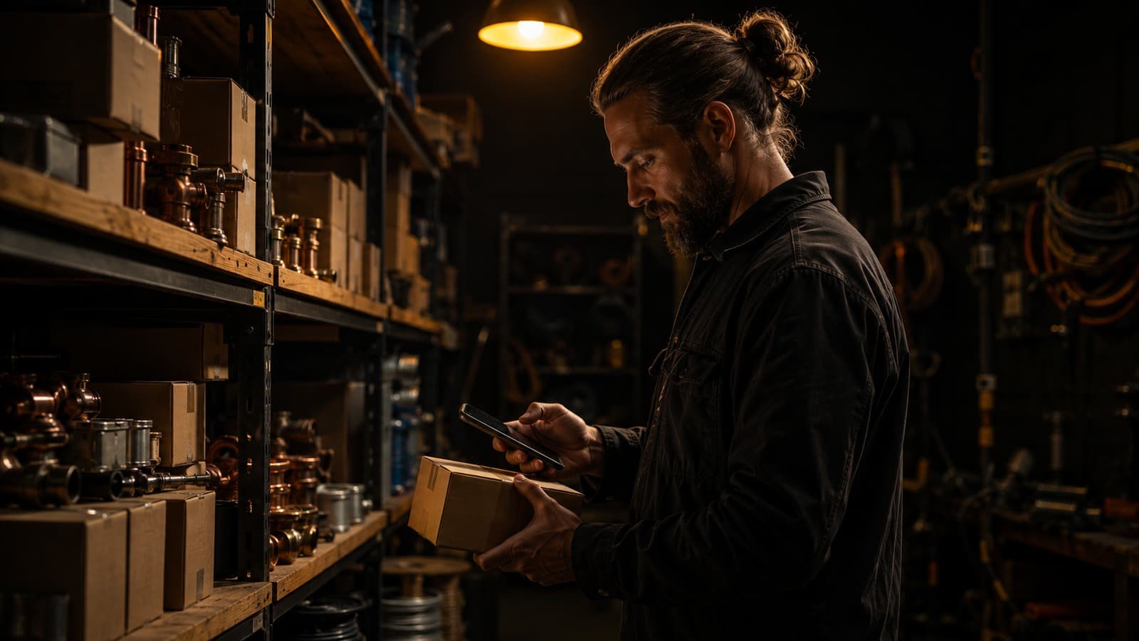 Handwerker scannt im dunklen Werkstattlager eine Box zwischen Regalen mit Material und Kupferfittings.