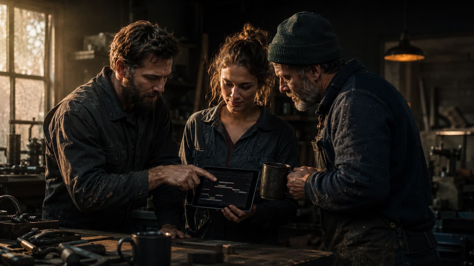 Drei Handwerker besprechen an der Werkbank eine dunkle digitale Plantafel auf einem Tablet.