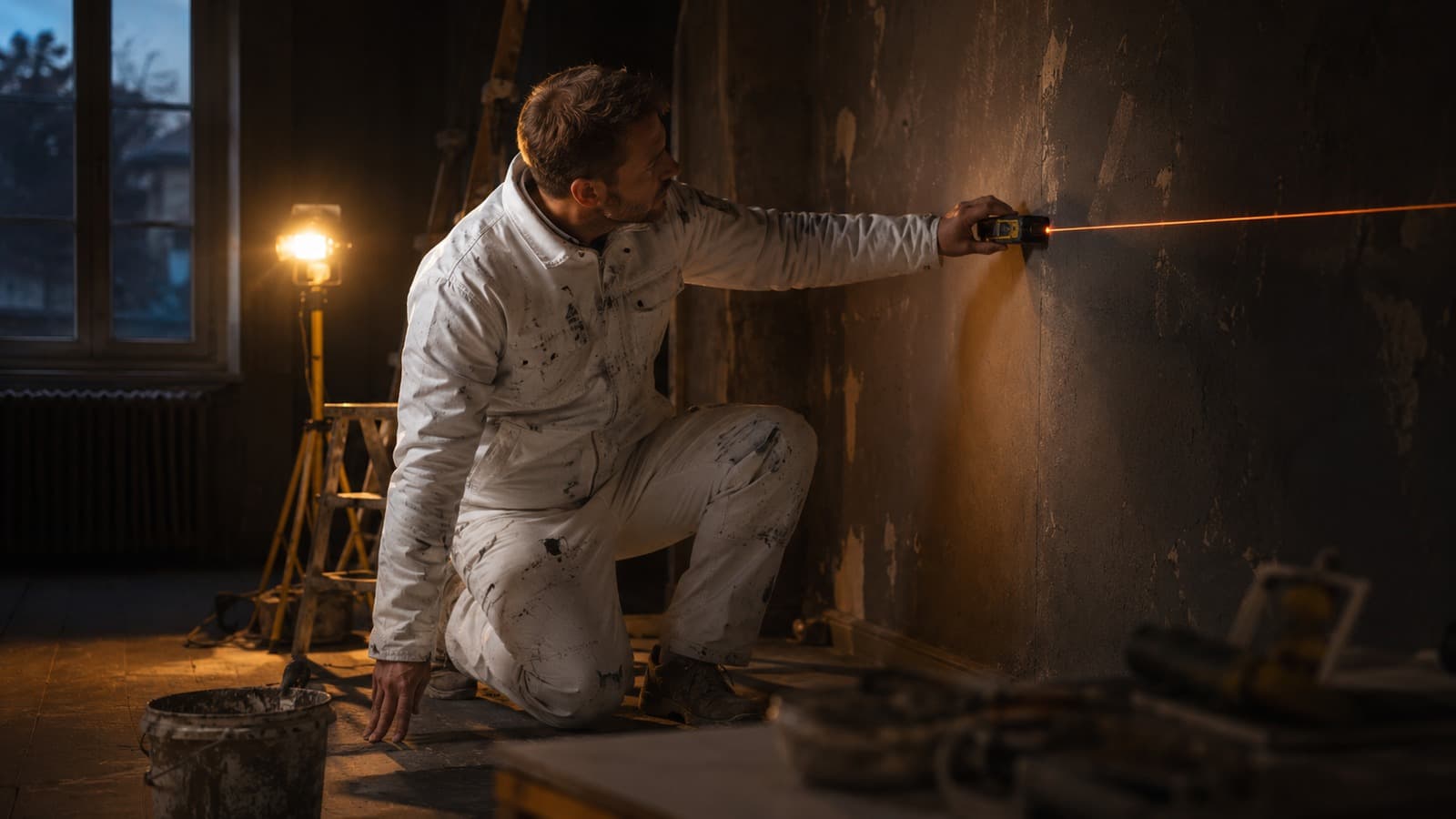 Maler in weißer Arbeitskleidung misst eine Wand mit einem Laser in warmem Baustellenlicht.