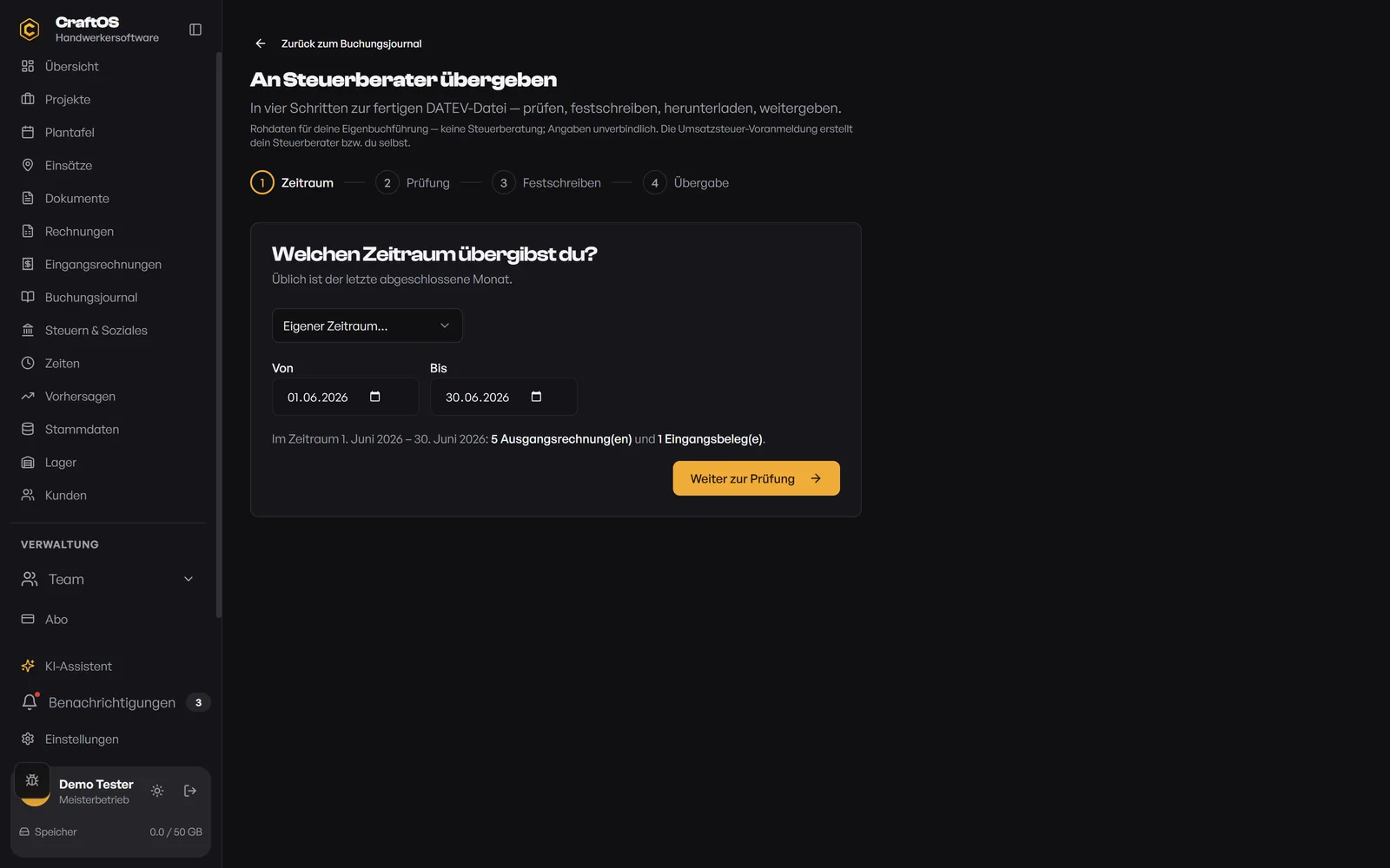 DATEV-Übergabe in CraftOS: Zeitraum wählen, prüfen, festschreiben und als DATEV-Datei an den Steuerberater übergeben.